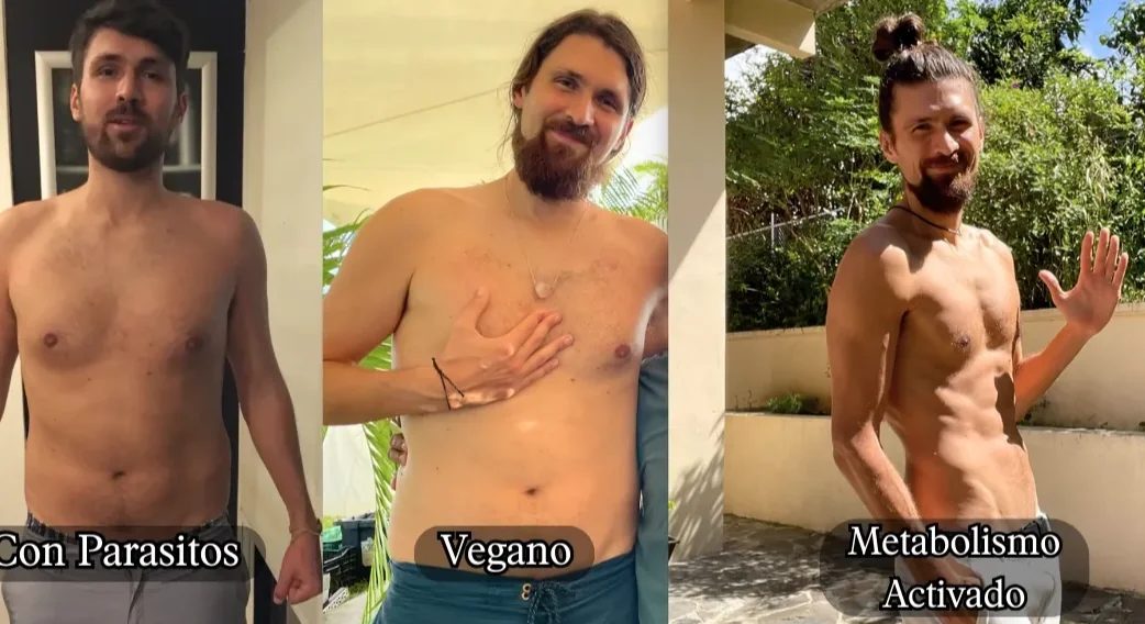 Transformación física de Santiago Rafael: con parásitos, en su etapa vegana y con el metabolismo activado.